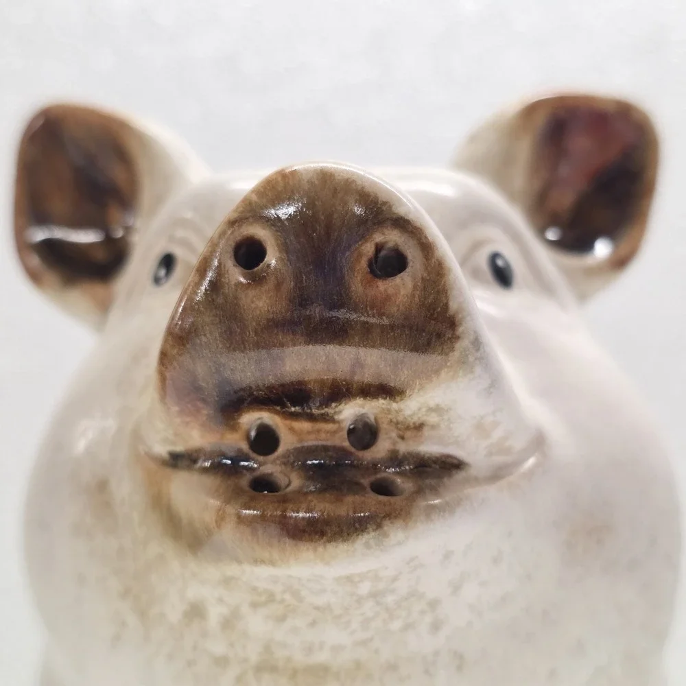 Vintage Ceramic White Pig Pitcher Watering Can Heavy Farm Stoneware